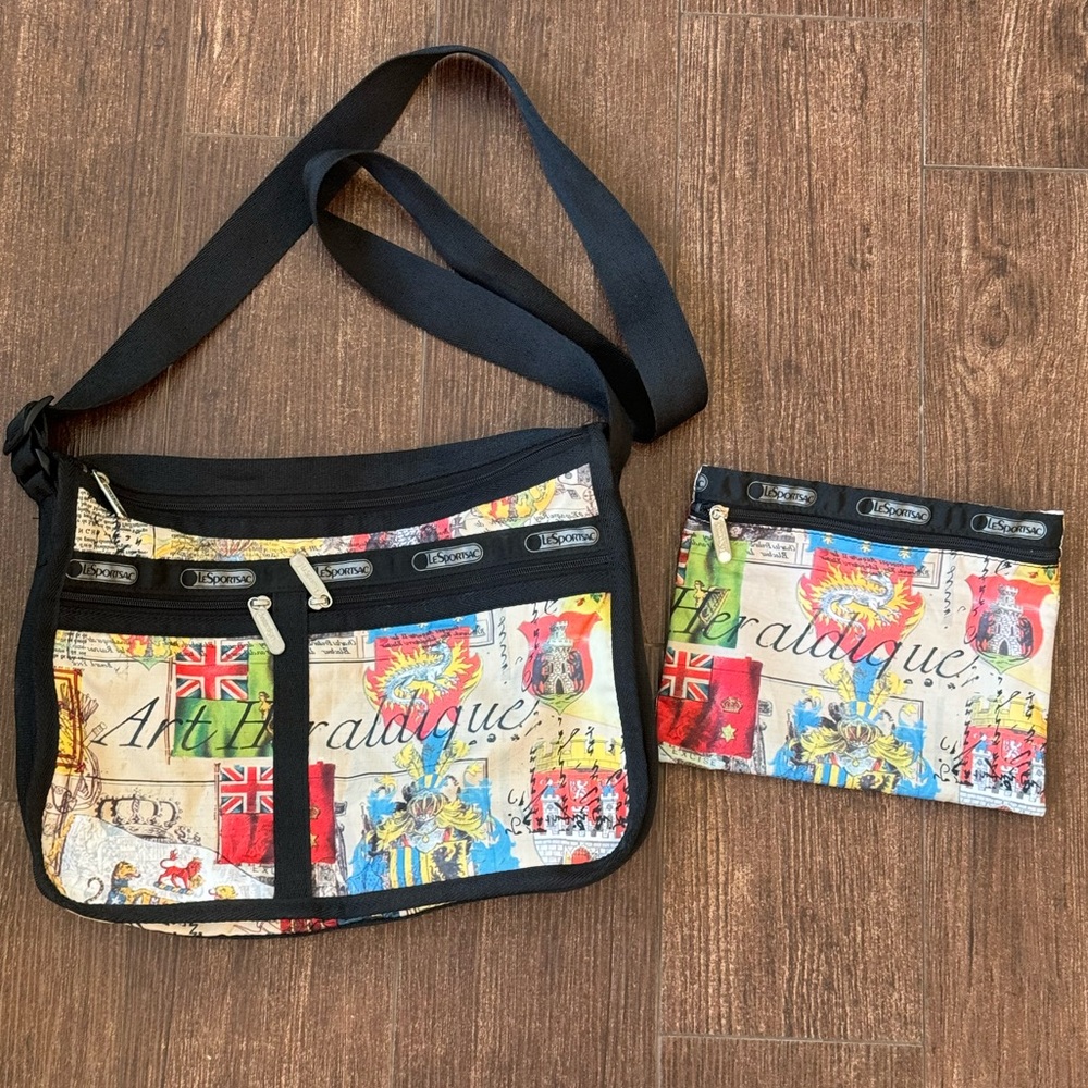 Lesportsac Vintage Art Heraldique Crossbody Pouch Flags Crests Crowns Royalty
